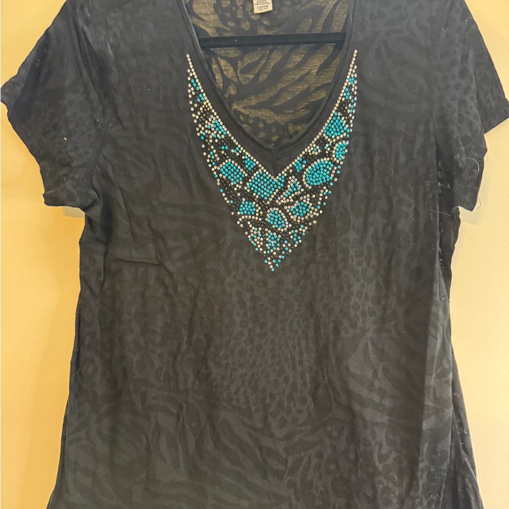 Black V-Neck Top with Blue Embellishments